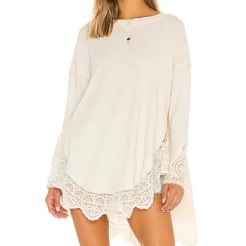 Free People Sparrow Tunic Cream with Lace and crochet detail Top, Size M